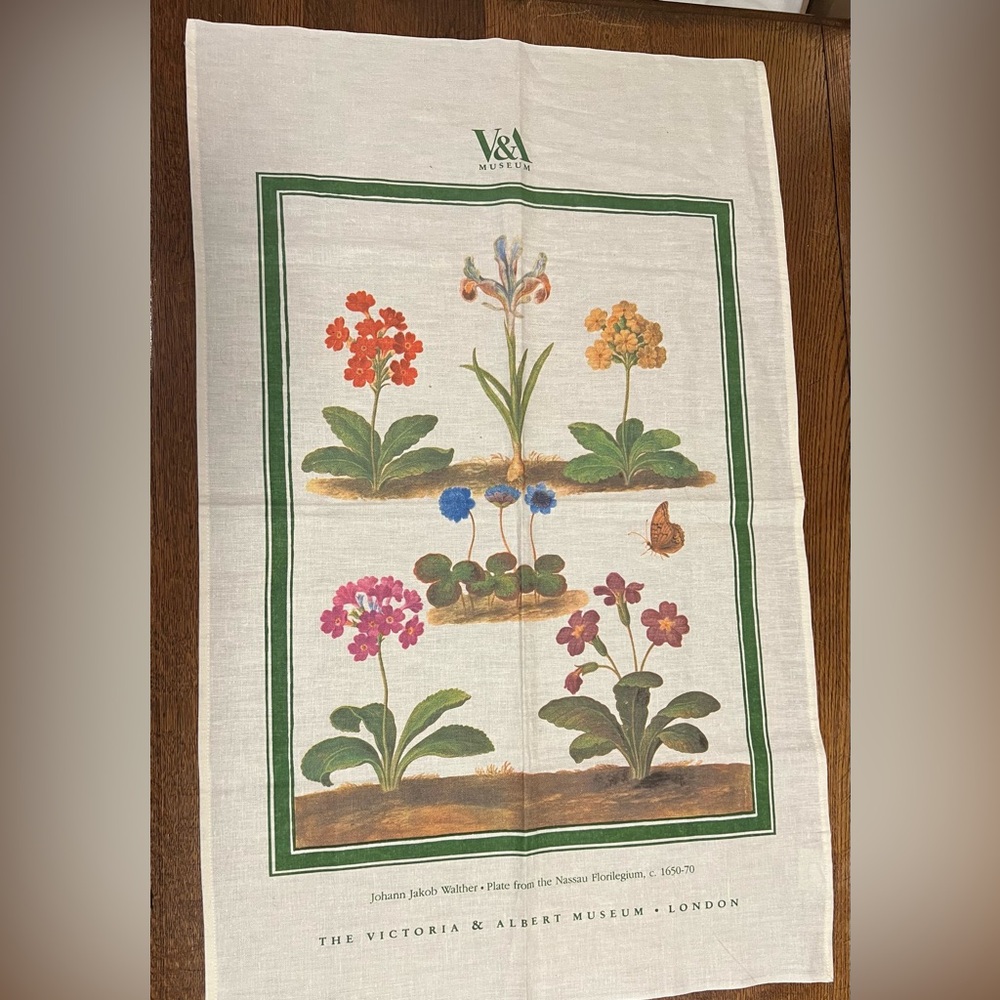 V&A Museum Vintage Cotton Tea Towel Featuring Historical Botanical Watercolor